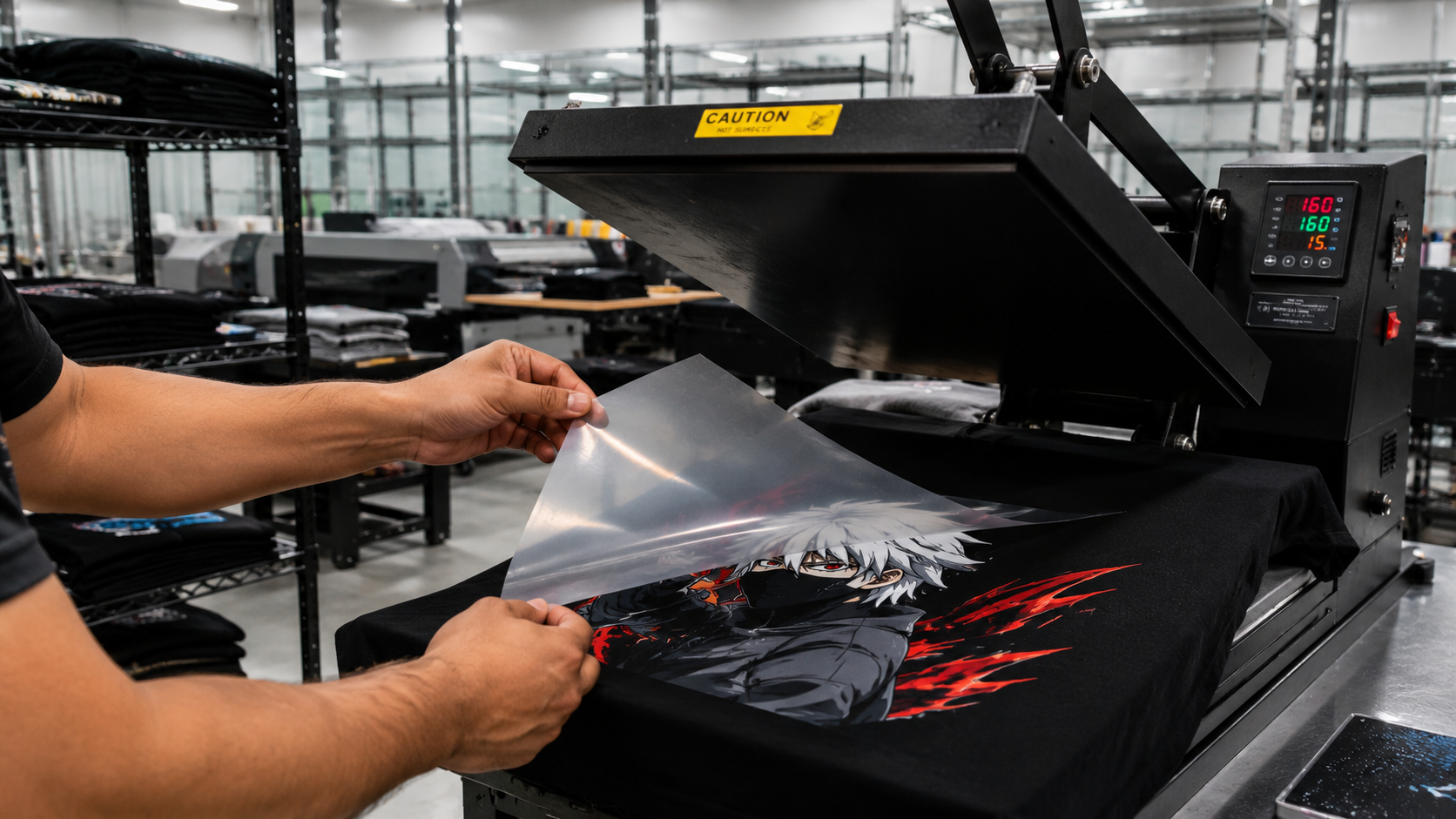 Operator peeling a DTF transfer film off a printed t-shirt